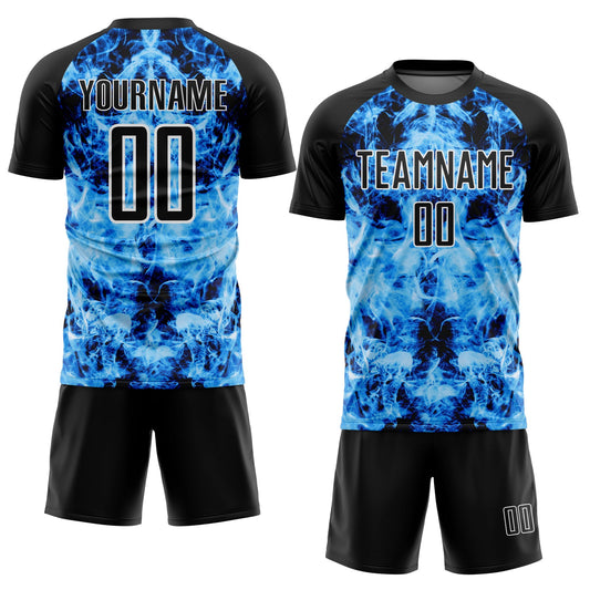 Custom Black Sky Blue-White Flame Sublimation Soccer Uniform Jersey - Sky-Custom