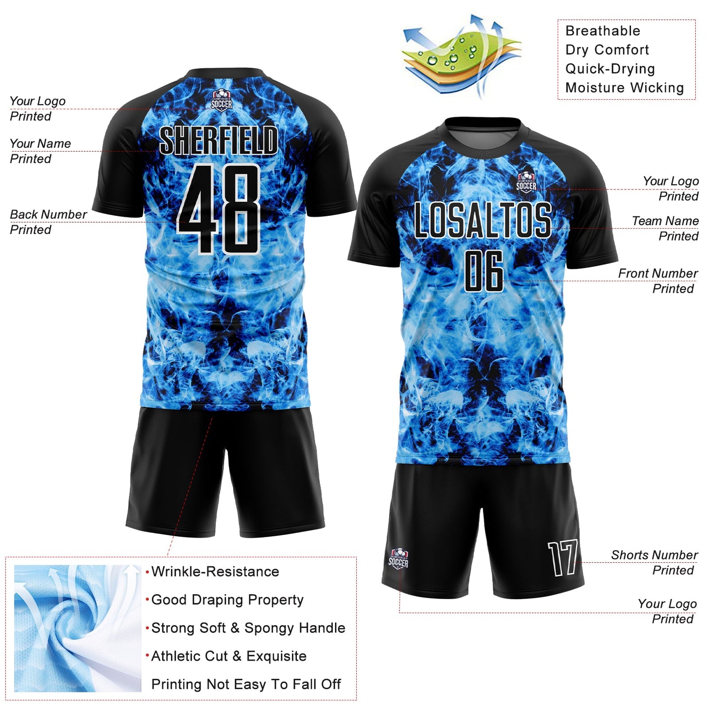 Custom Black Sky Blue-White Flame Sublimation Soccer Uniform Jersey - Sky-Custom