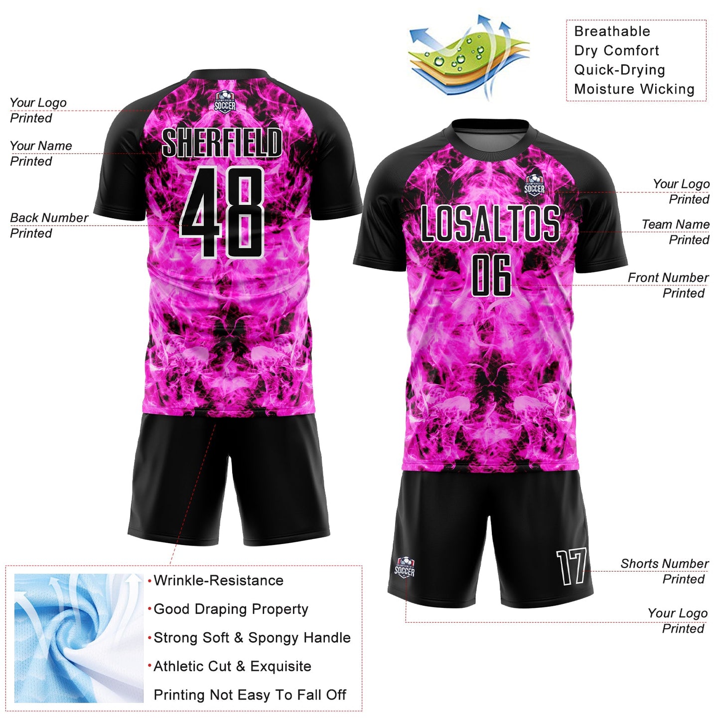 Custom Black Pink-White Flame Sublimation Soccer Uniform Jersey - Sky-Custom