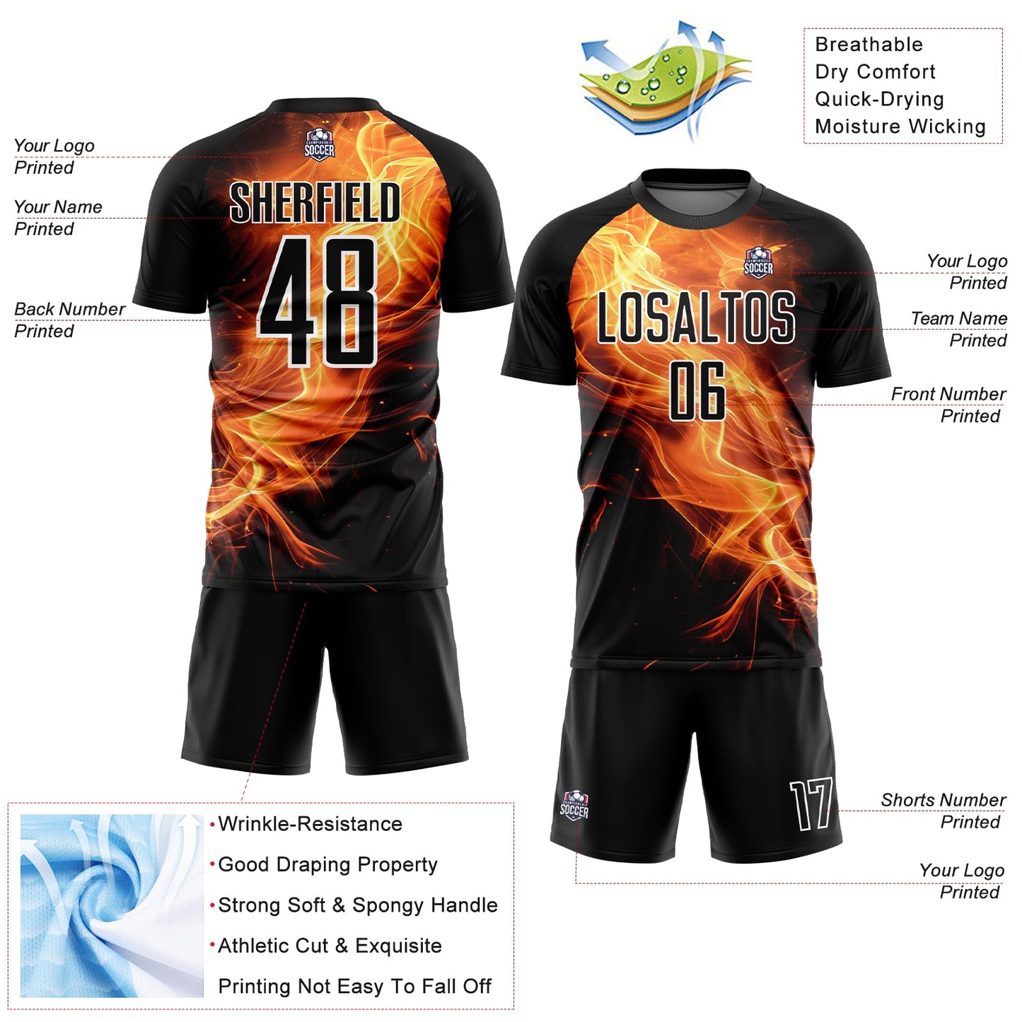 Custom Black Gold-White Flame Sublimation Soccer Uniform Jersey - Sky-Custom