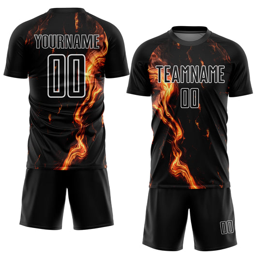 Custom Black Gold-White Flame Sublimation Soccer Uniform Jersey - Sky-Custom