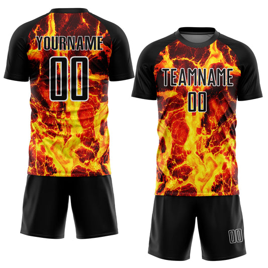 Custom Black Gold-White Flame Sublimation Soccer Uniform Jersey - Sky-Custom