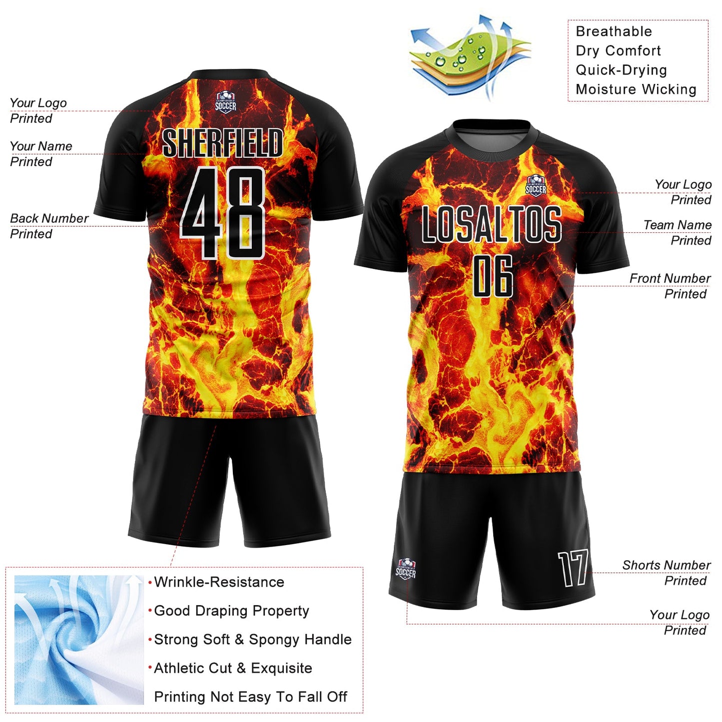 Custom Black Gold-White Flame Sublimation Soccer Uniform Jersey - Sky-Custom