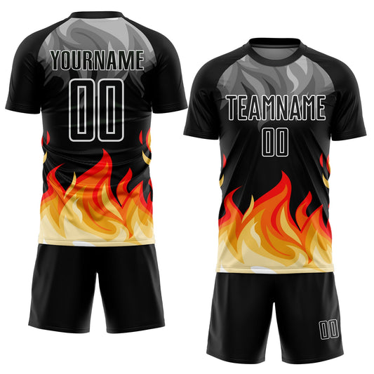 Custom Black Gray Red-Gold Flame Sublimation Soccer Uniform Jersey - Sky-Custom