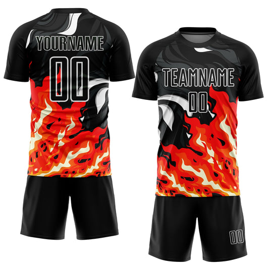 Custom Black Red-Orange Flame Sublimation Soccer Uniform Jersey - Sky-Custom