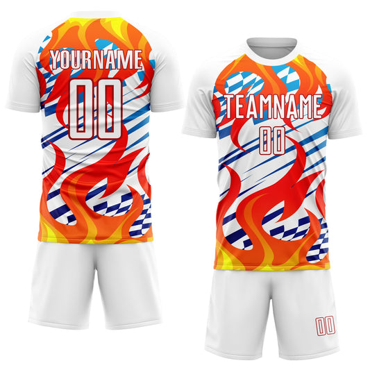 Custom White Red-Gold Flame Sublimation Soccer Uniform Jersey - Sky-Custom
