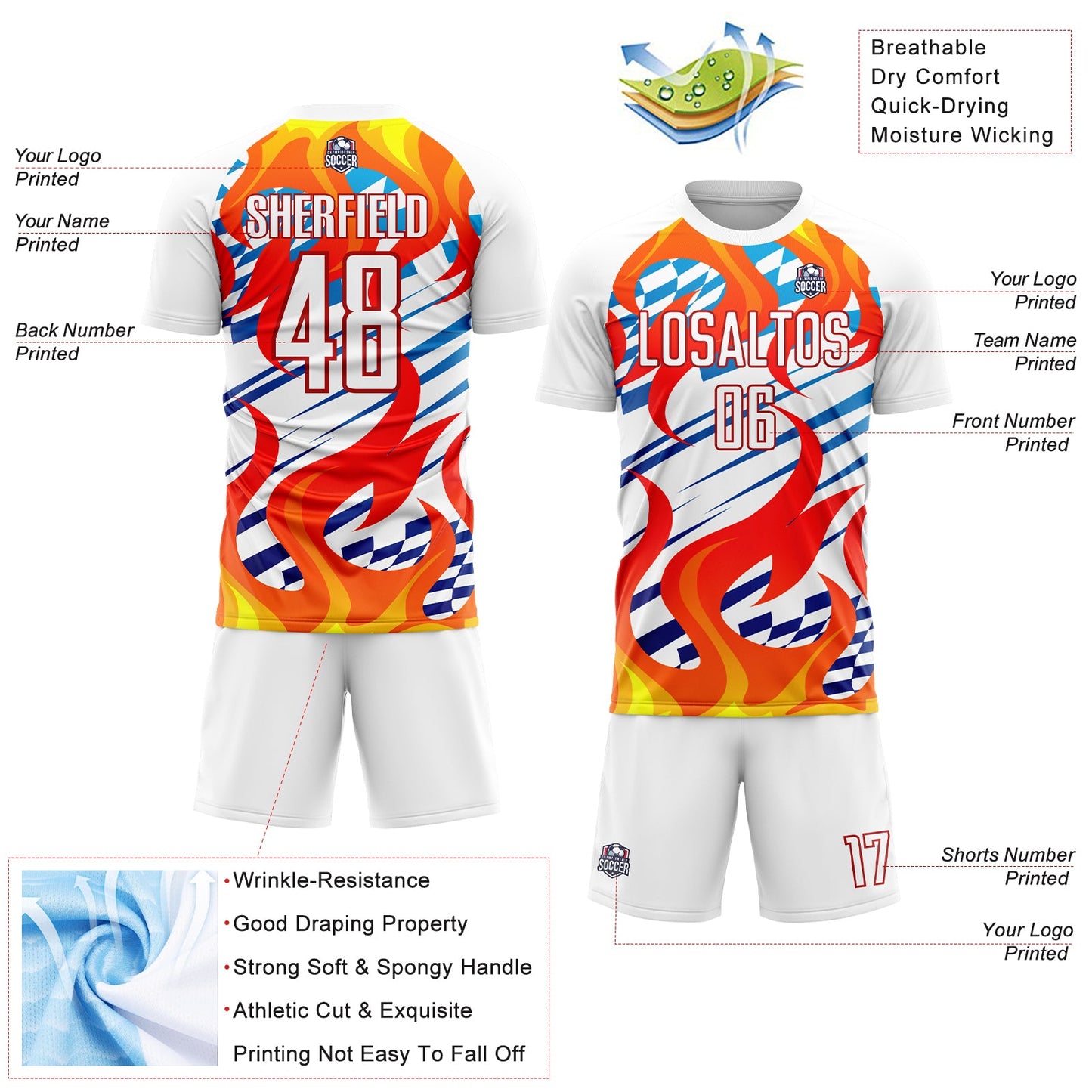 Custom White Red-Gold Flame Sublimation Soccer Uniform Jersey - Sky-Custom