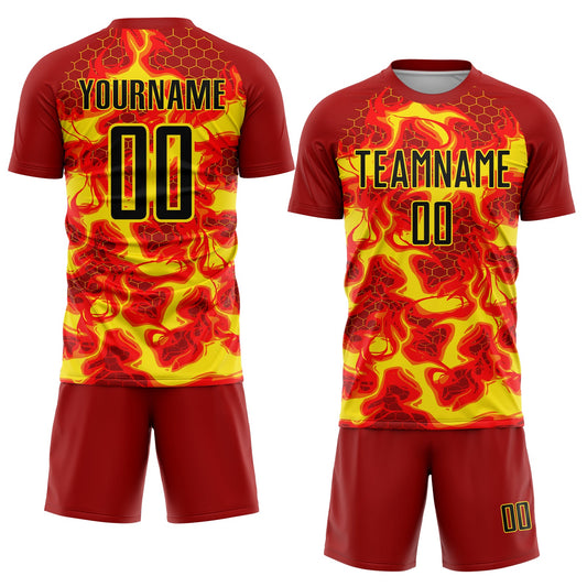 Custom Red Black-Light Yellow Flame Sublimation Soccer Uniform Jersey - Sky-Custom