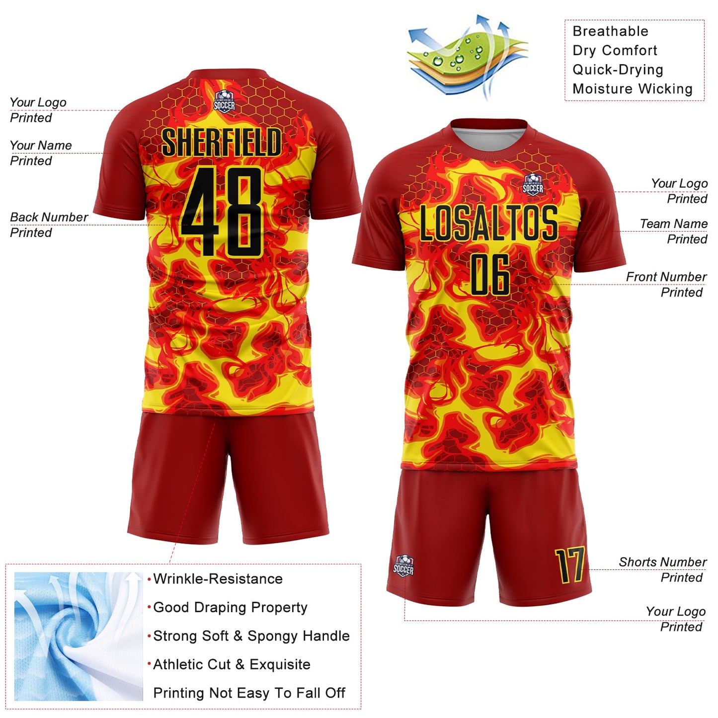 Custom Red Black-Light Yellow Flame Sublimation Soccer Uniform Jersey - Sky-Custom