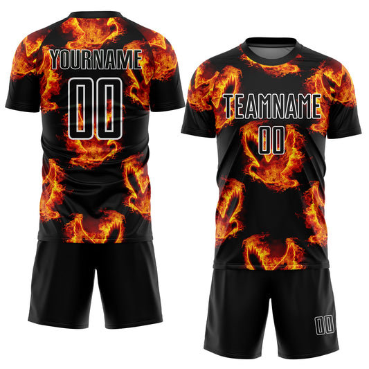 Custom Black Red-Gold Bird Flame Sublimation Soccer Uniform Jersey - Sky-Custom