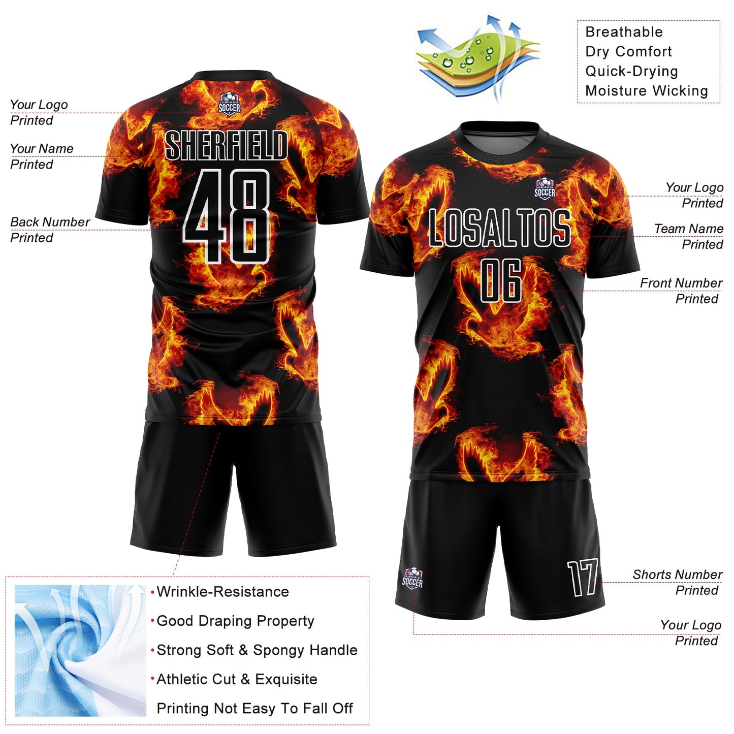 Custom Black Red-Gold Bird Flame Sublimation Soccer Uniform Jersey - Sky-Custom