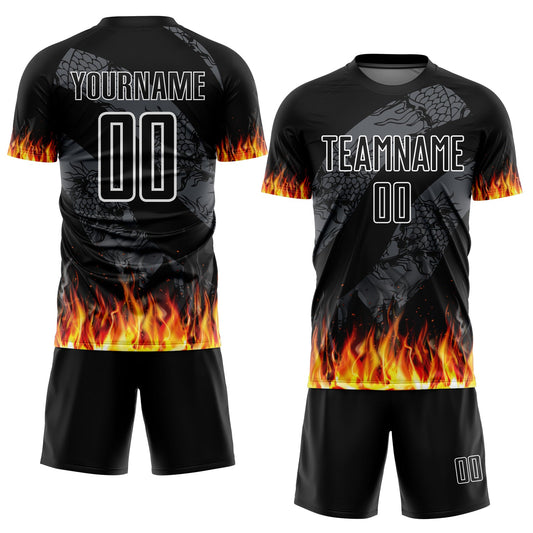 Custom Black Red-Gold Flame Sublimation Soccer Uniform Jersey - Sky-Custom