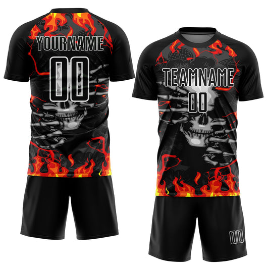 Custom Black Red-Gold Skull Flame Sublimation Soccer Uniform Jersey - Sky-Custom