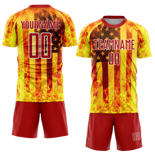 Custom Light Yellow Red-White American Flag Flame Sublimation Soccer Uniform Jersey - Sky-Custom