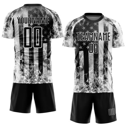 Custom Black Gray-White American Flag Flame Sublimation Soccer Uniform Jersey - Sky-Custom
