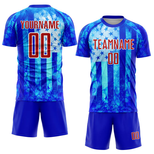 Custom Thunder Blue Red-White American Flag Flame Sublimation Soccer Uniform Jersey - Sky-Custom