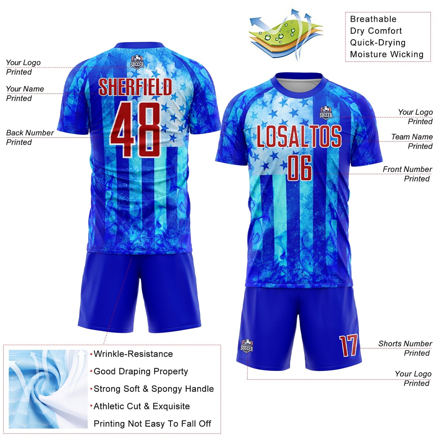 Custom Thunder Blue Red-White American Flag Flame Sublimation Soccer Uniform Jersey - Sky-Custom