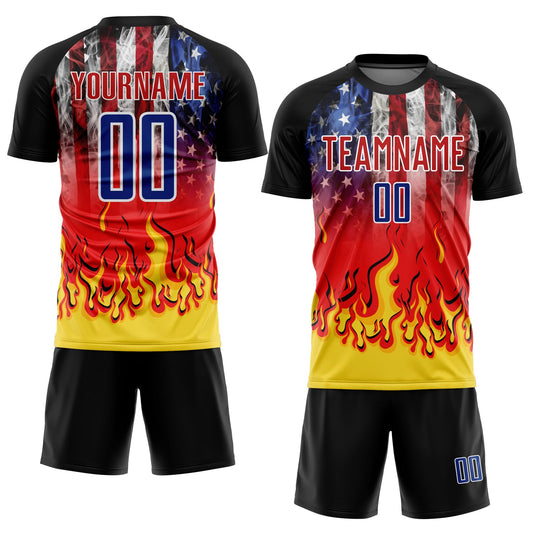 Custom Black Royal Red-Gold American Flag Flame Sublimation Soccer Uniform Jersey - Sky-Custom
