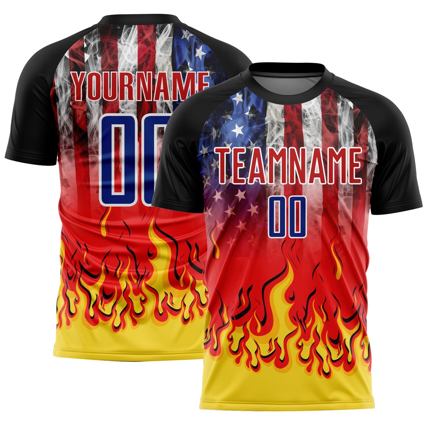 Custom Black Royal Red-Gold American Flag Flame Sublimation Soccer Uniform Jersey - Sky-Custom
