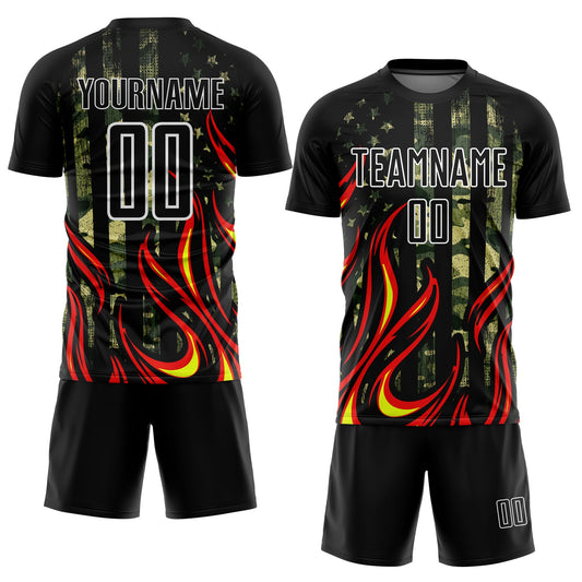 Custom Camo Black Red-Gold Flame Sublimation Salute To Service Soccer Uniform Jersey - Sky-Custom