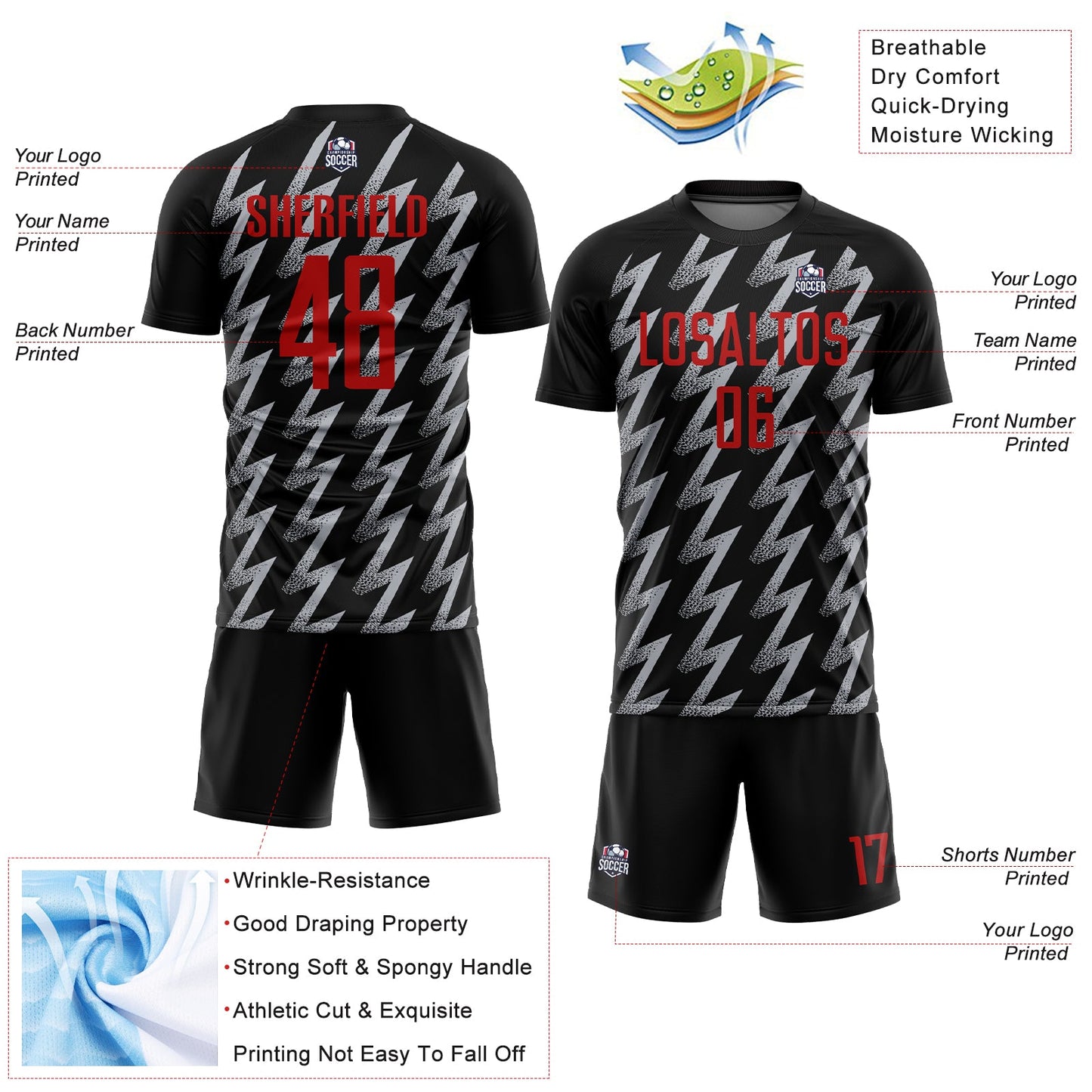 Custom Black Red-Gray Zigzag Shape Sublimation Soccer Uniform Jersey - Sky-Custom