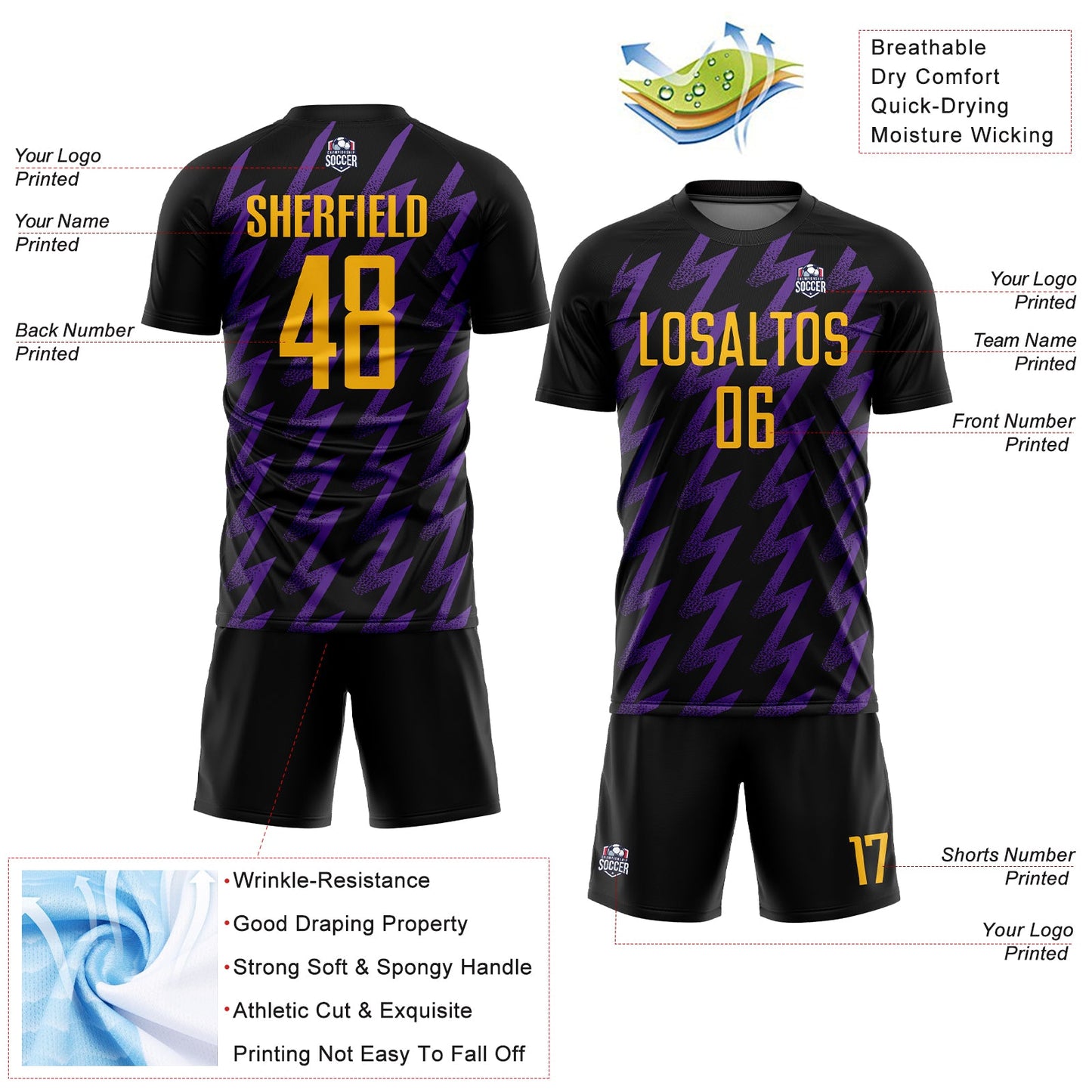 Custom Black Gold-Purple Zigzag Shape Sublimation Soccer Uniform Jersey - Sky-Custom