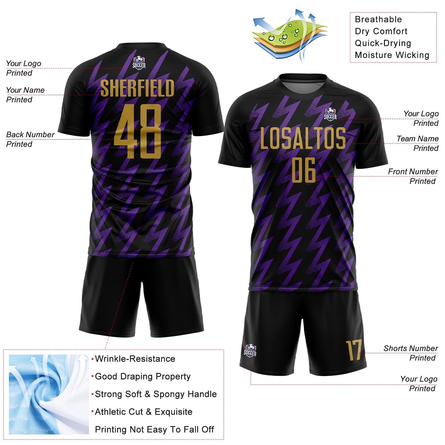 Custom Black Old Gold-Purple Zigzag Shape Sublimation Soccer Uniform Jersey - Sky-Custom