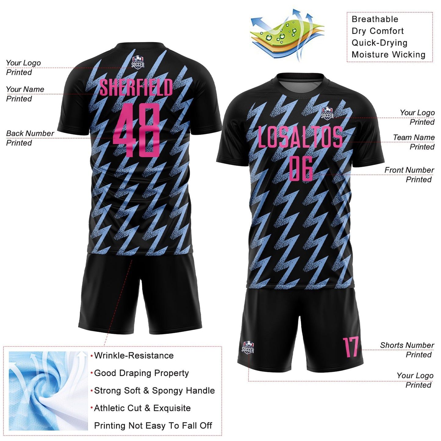 Custom Black Pink-Light Blue Zigzag Shape Sublimation Soccer Uniform Jersey - Sky-Custom