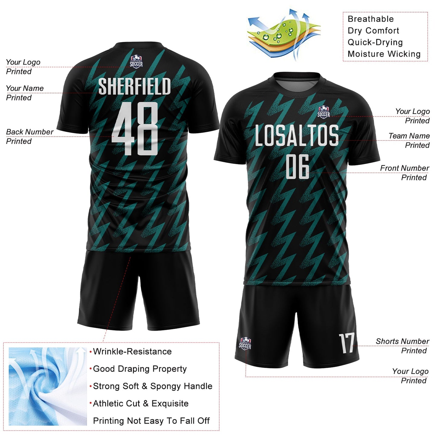 Custom Black White-Teal Zigzag Shape Sublimation Soccer Uniform Jersey - Sky-Custom