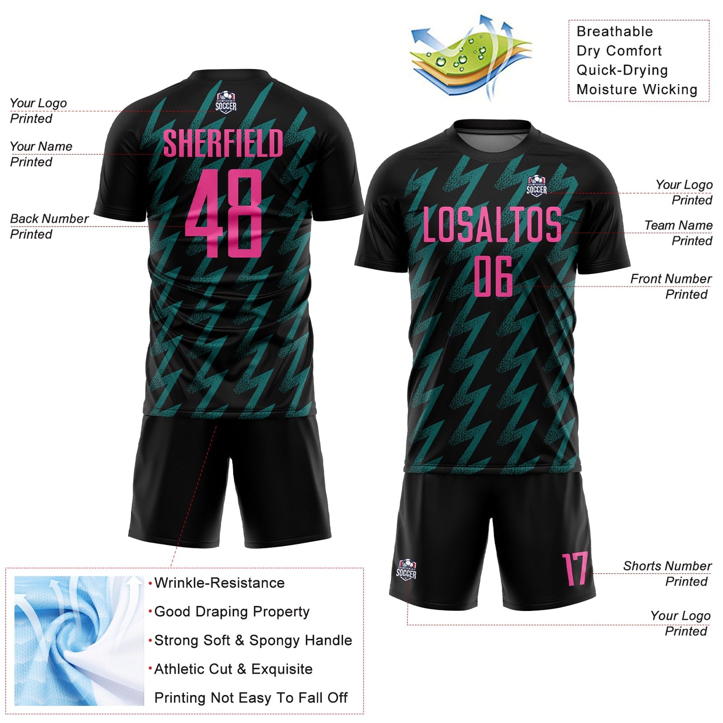 Custom Black Pink-Teal Zigzag Shape Sublimation Soccer Uniform Jersey - Sky-Custom
