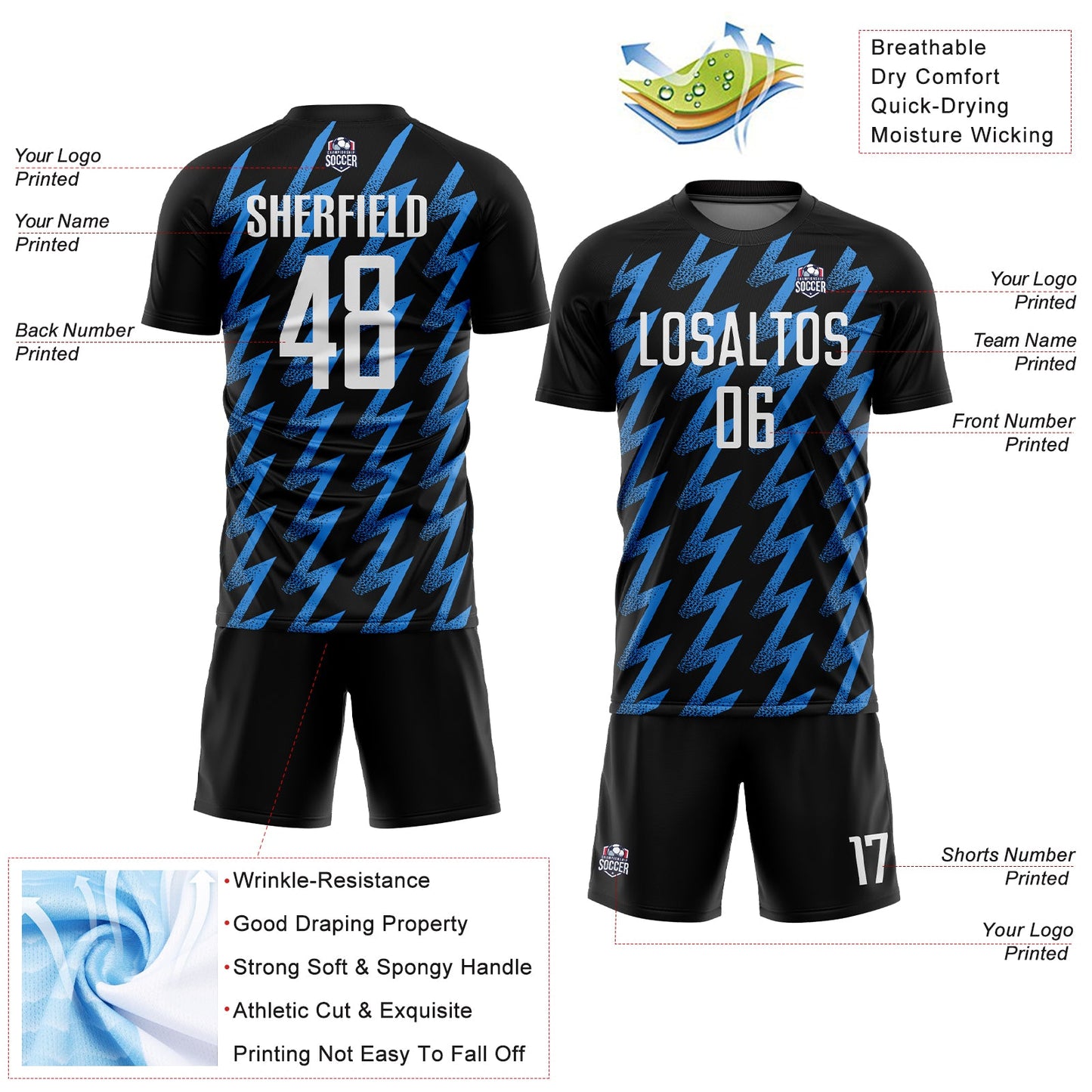 Custom Black White-Powder Blue Zigzag Shape Sublimation Soccer Uniform Jersey - Sky-Custom