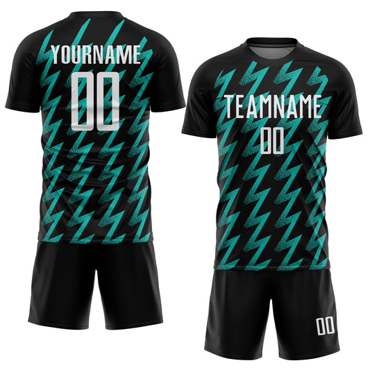 Custom Black White-Aqua Zigzag Shape Sublimation Soccer Uniform Jersey - Sky-Custom