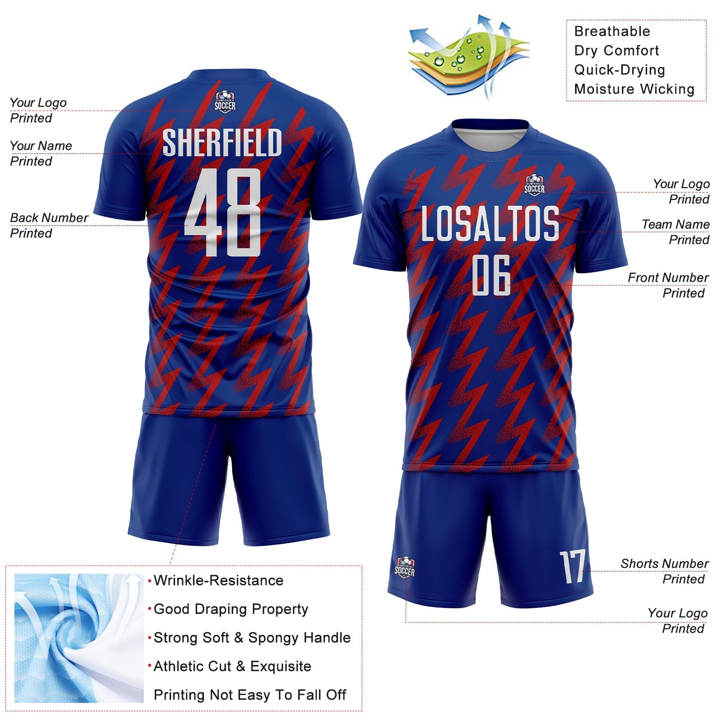 Custom Royal White-Red Zigzag Shape Sublimation Soccer Uniform Jersey - Sky-Custom
