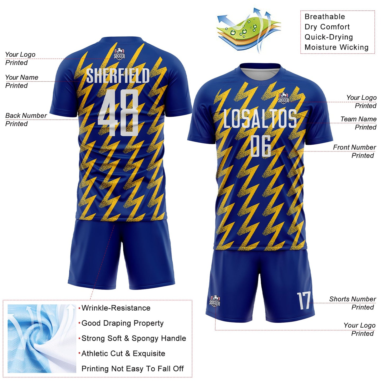 Custom Royal White-Yellow Zigzag Shape Sublimation Soccer Uniform Jersey - Sky-Custom