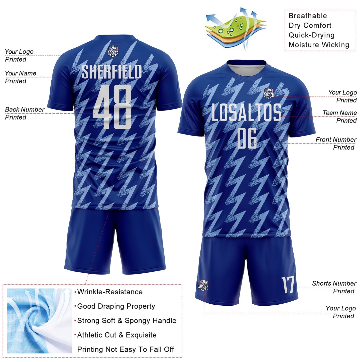 Custom Royal White-Light Blue Zigzag Shape Sublimation Soccer Uniform Jersey - Sky-Custom