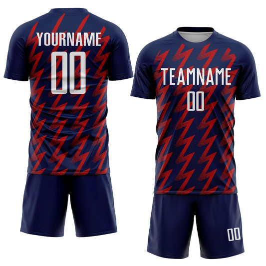 Custom Navy White-Red Zigzag Shape Sublimation Soccer Uniform Jersey - Sky-Custom