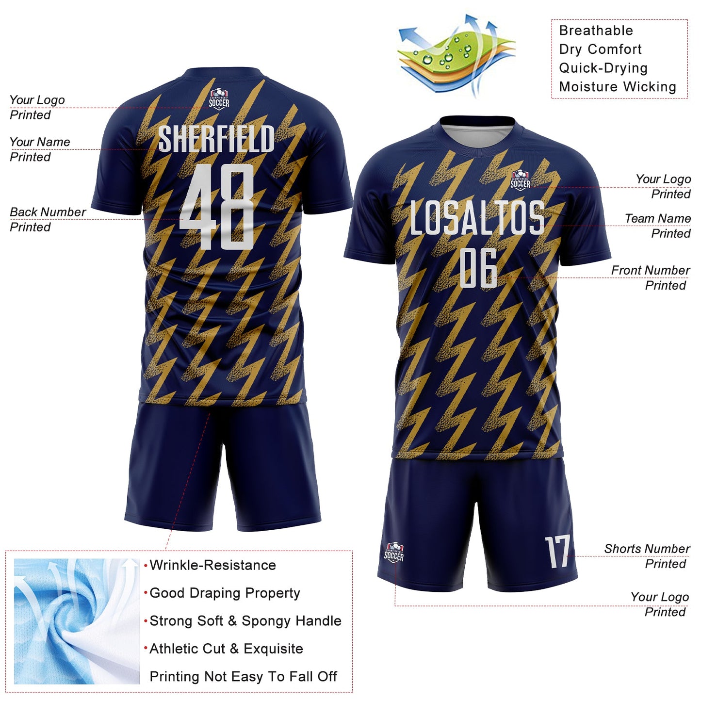 Custom Navy White-Old Gold Zigzag Shape Sublimation Soccer Uniform Jersey - Sky-Custom