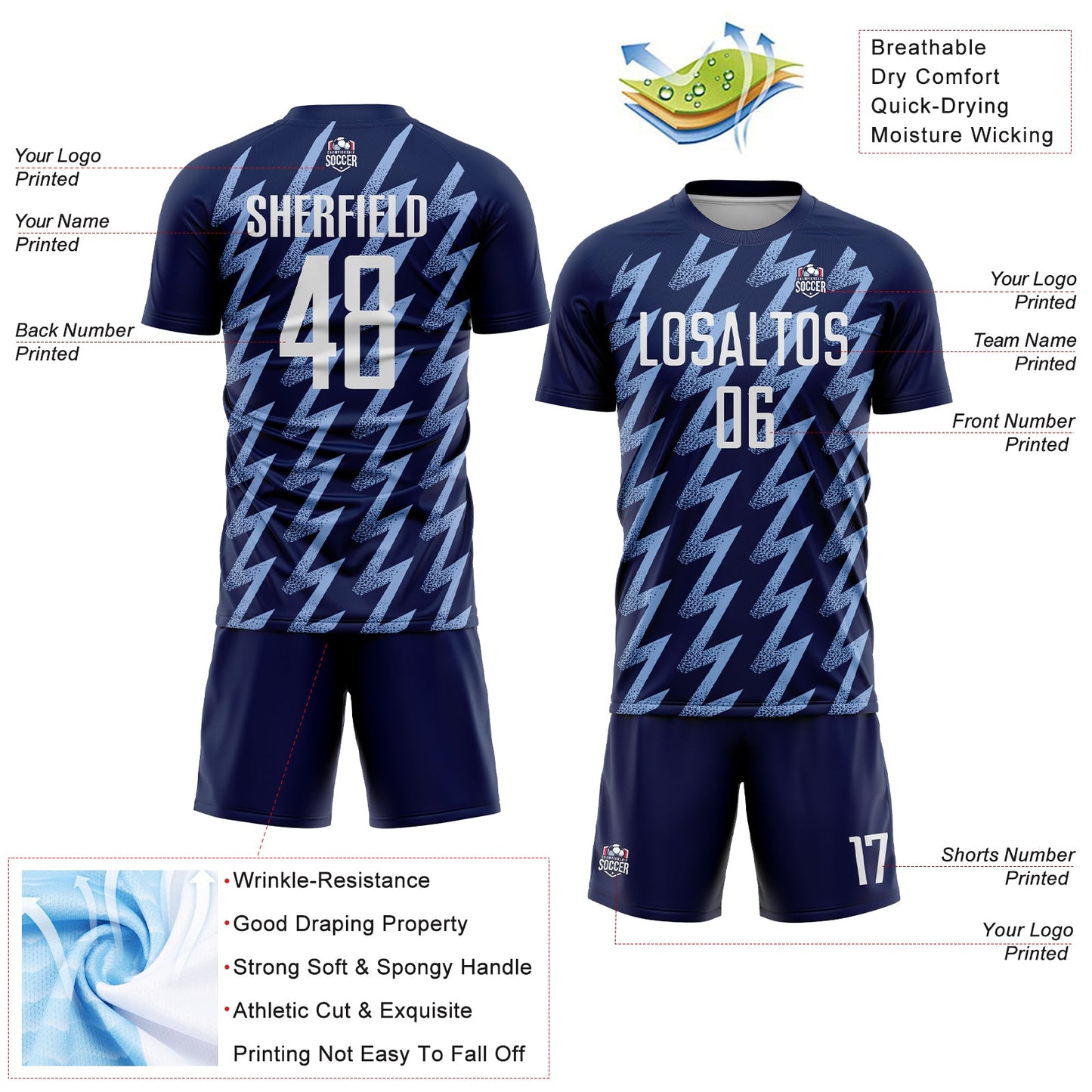 Custom Navy White-Light Blue Zigzag Shape Sublimation Soccer Uniform Jersey - Sky-Custom
