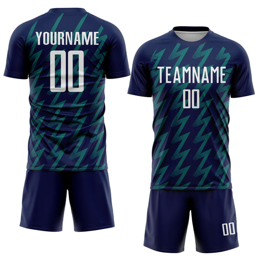 Custom Navy White-Teal Zigzag Shape Sublimation Soccer Uniform Jersey - Sky-Custom