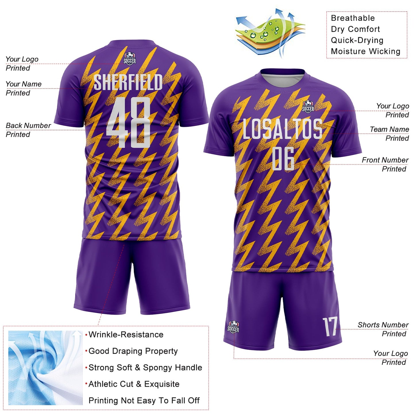 Custom Purple White-Gold Zigzag Shape Sublimation Soccer Uniform Jersey - Sky-Custom