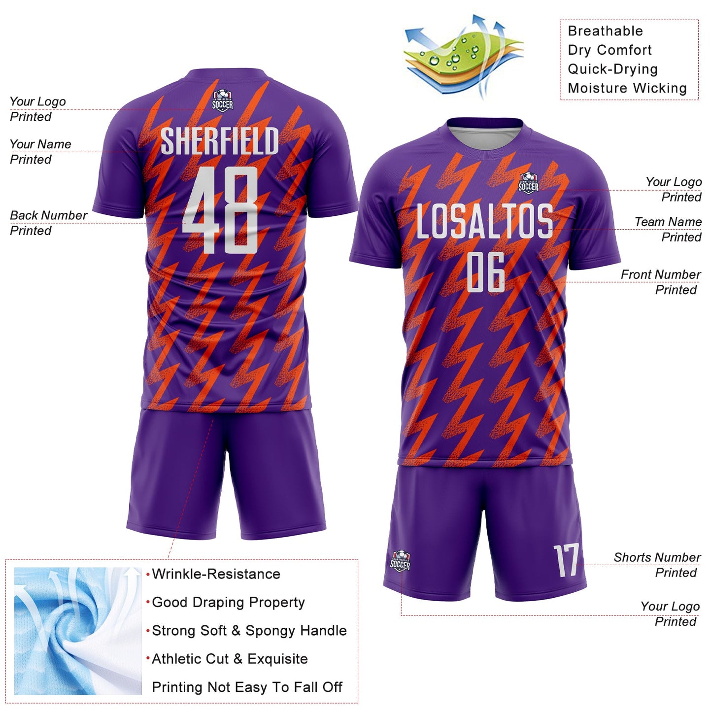 Custom Purple White-Orange Zigzag Shape Sublimation Soccer Uniform Jersey - Sky-Custom