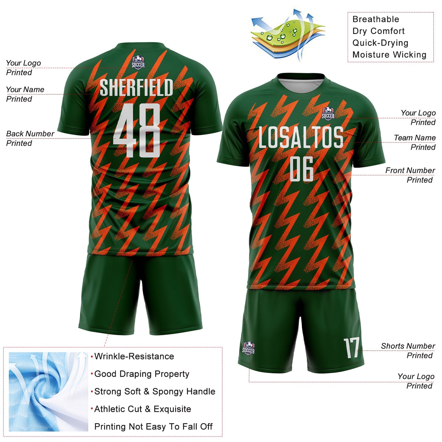 Custom Green White-Orange Zigzag Shape Sublimation Soccer Uniform Jersey - Sky-Custom