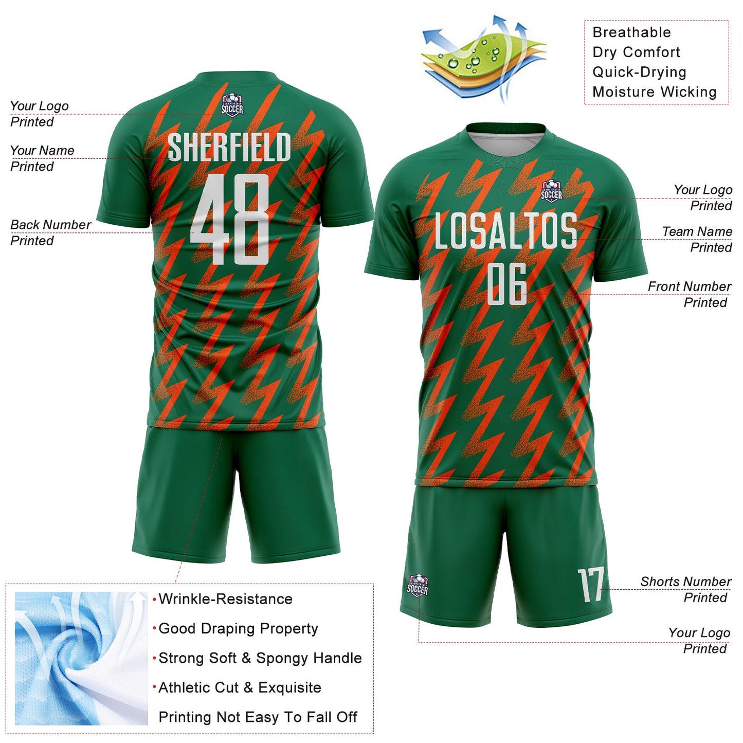 Custom Kelly Green White-Orange Zigzag Shape Sublimation Soccer Uniform Jersey - Sky-Custom