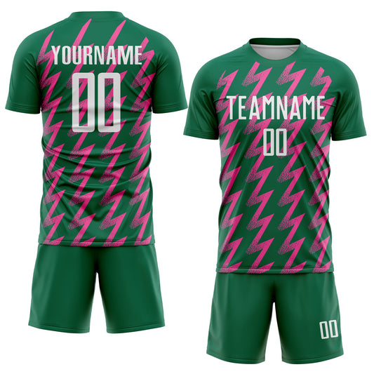 Custom Kelly Green White-Pink Zigzag Shape Sublimation Soccer Uniform Jersey - Sky-Custom