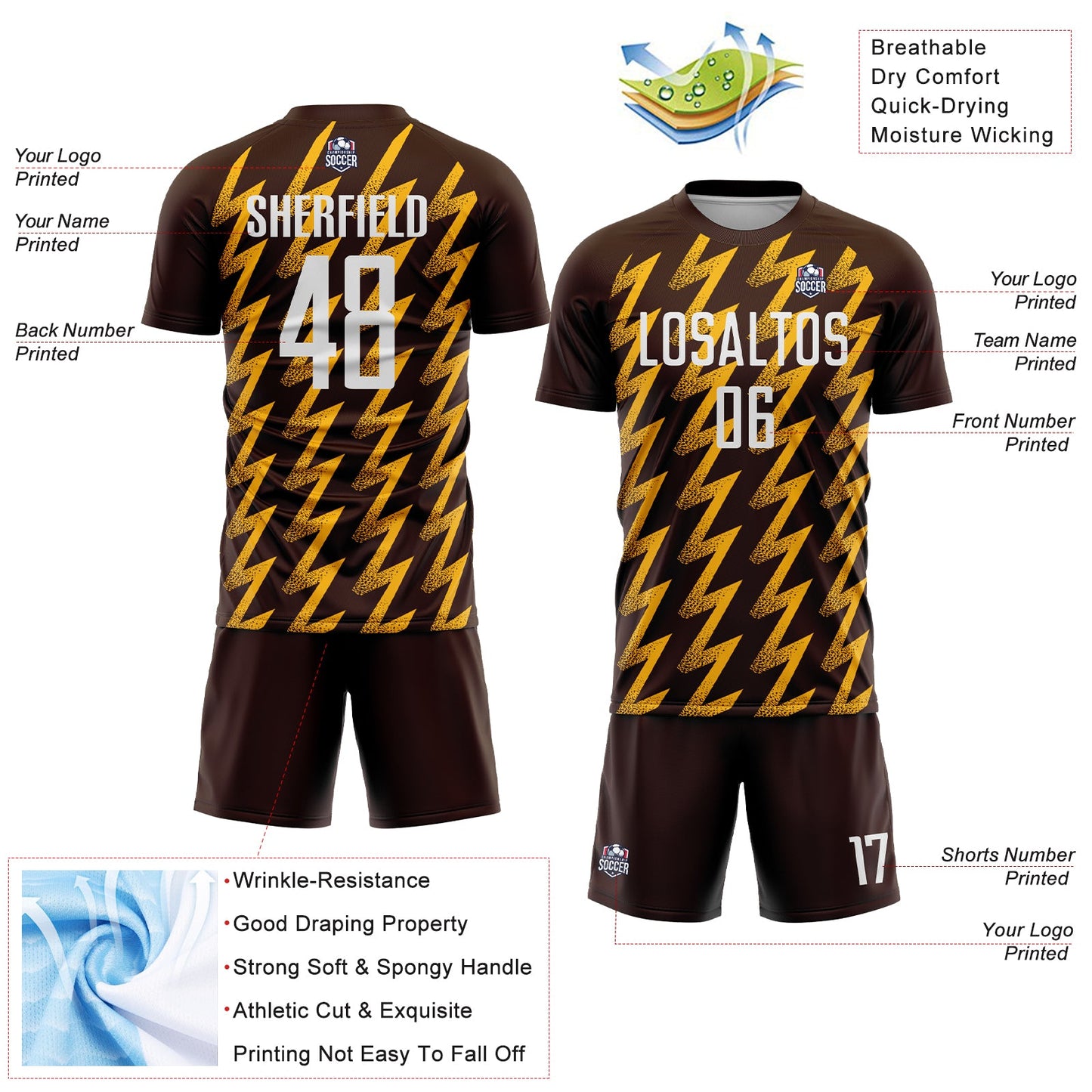 Custom Brown White-Gold Zigzag Shape Sublimation Soccer Uniform Jersey - Sky-Custom