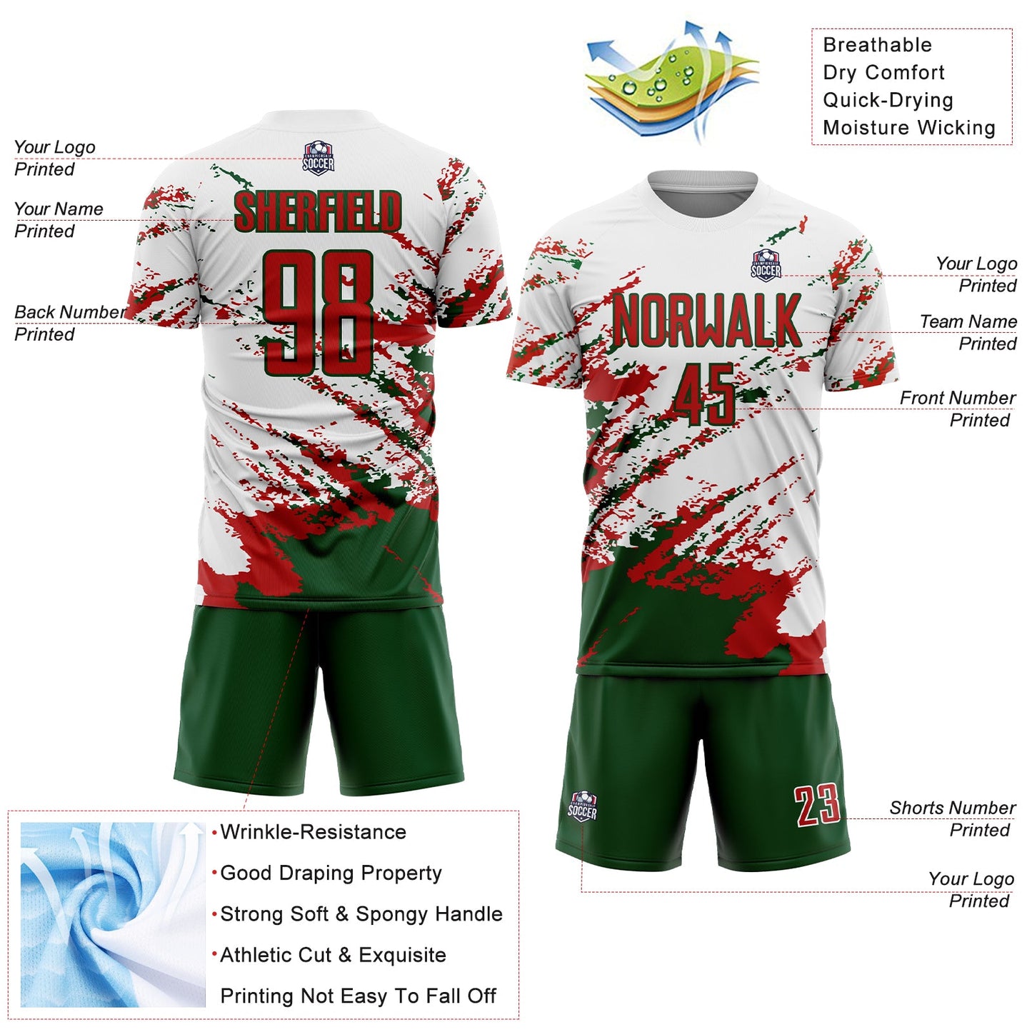 Custom White Red-Green Abstract Fragment Art Splash Sublimation Soccer Uniform Jersey - Sky-Custom