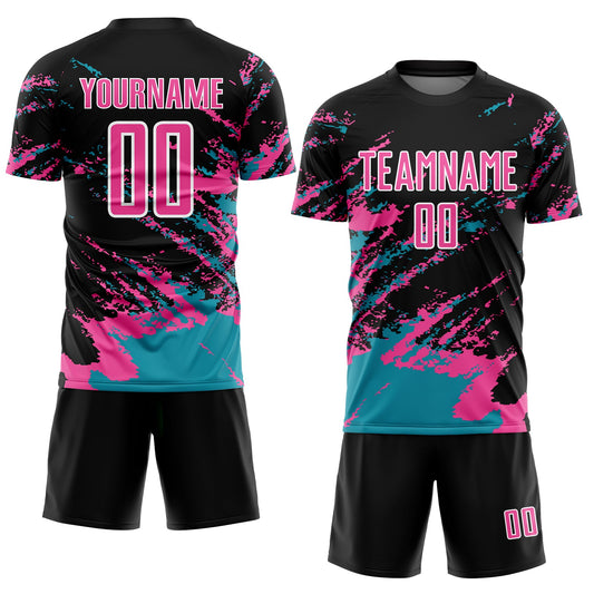 Custom Black Pink-Teal Abstract Fragment Art Splash Sublimation Soccer Uniform Jersey - Sky-Custom