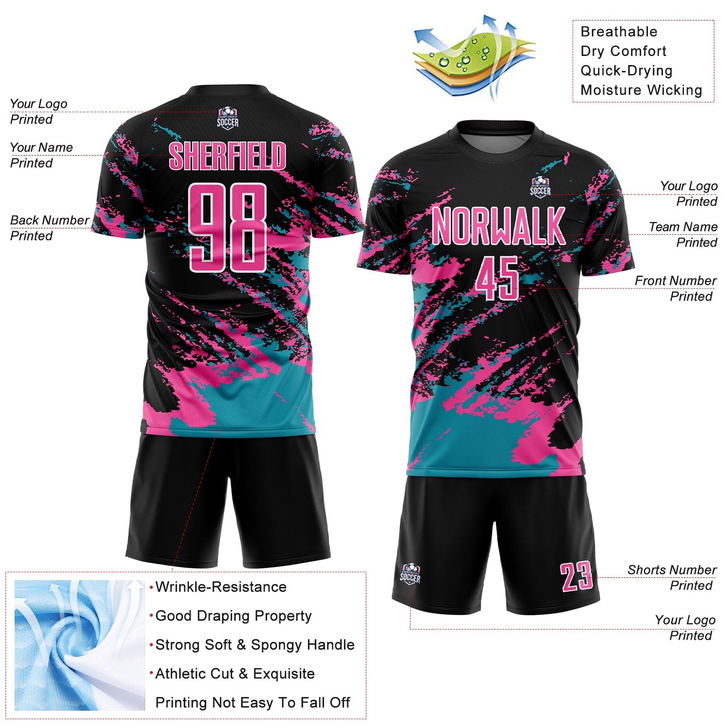 Custom Black Pink-Teal Abstract Fragment Art Splash Sublimation Soccer Uniform Jersey - Sky-Custom