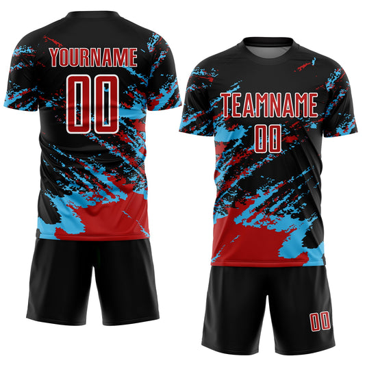 Custom Black Red-Sky Blue Abstract Fragment Art Splash Sublimation Soccer Uniform Jersey - Sky-Custom