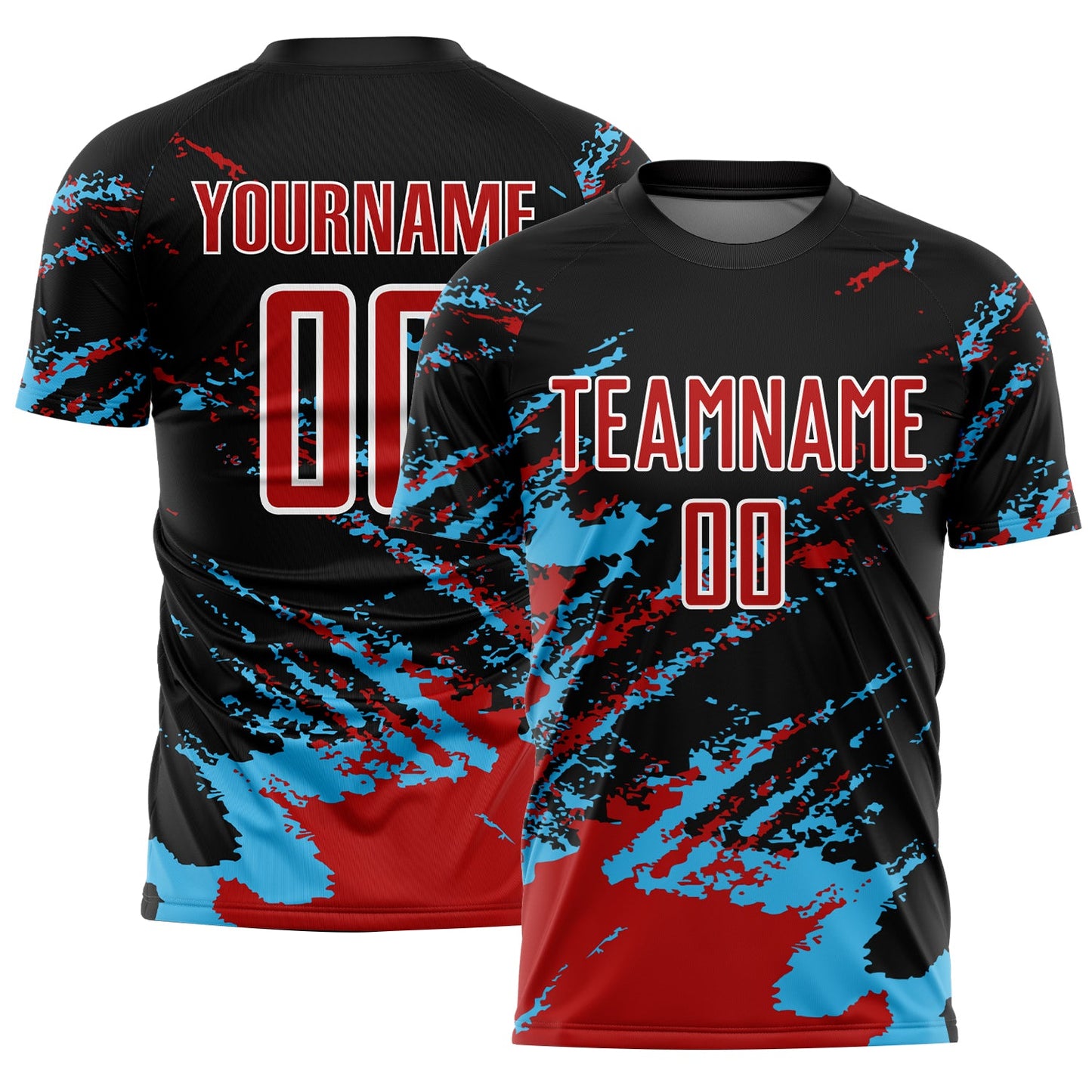Custom Black Red-Sky Blue Abstract Fragment Art Splash Sublimation Soccer Uniform Jersey - Sky-Custom